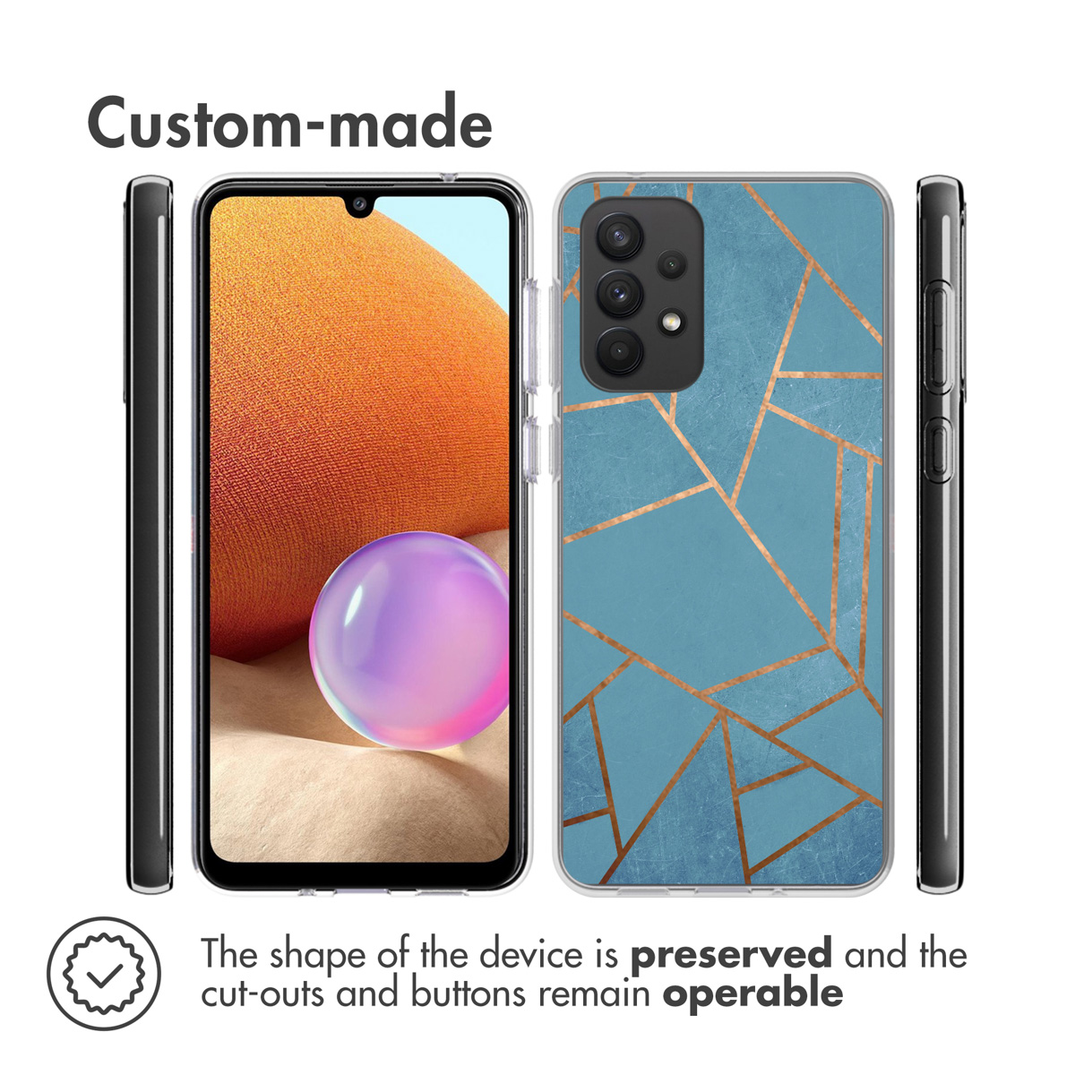 Una custodia per telefono mostra la parte anteriore e posteriore di un telefono. La custodia è blu con linee dorate. Lo schermo del telefono è arancione e viola.