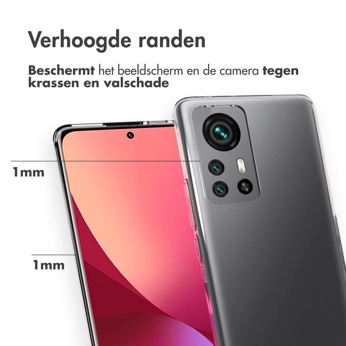 Transparante telefoonhoes die een telefoon beschermt. De hoes is transparant en heeft verhoogde randen.