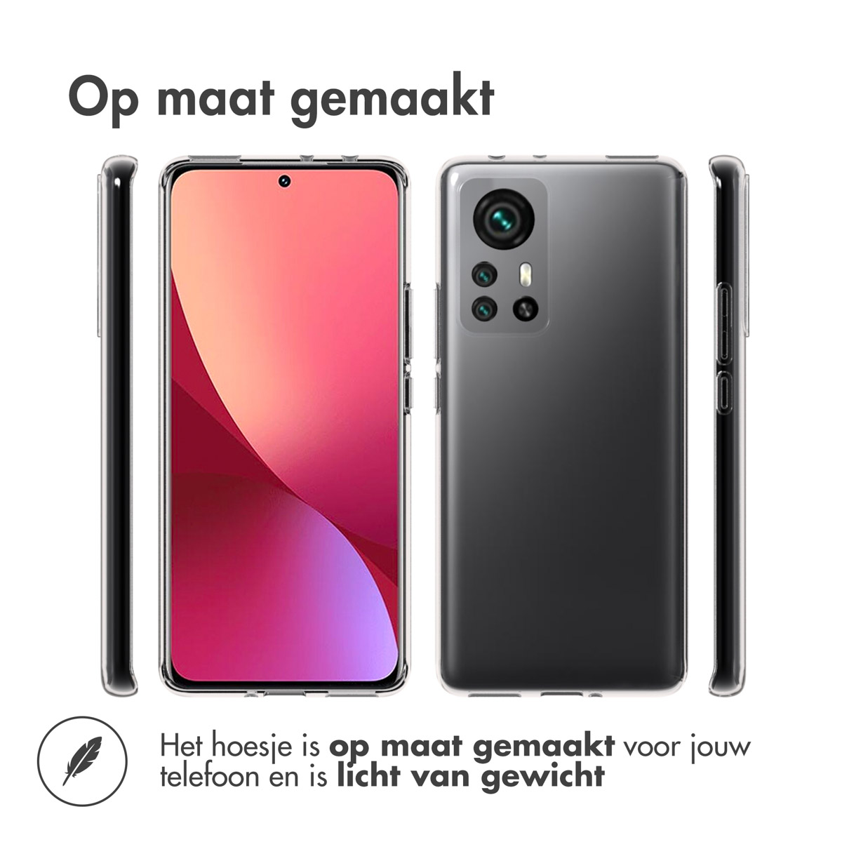Telefoonhoesje, met telefoon erin, toont voor-, achter- en zijaanzicht. Op maat gemaakt en licht.