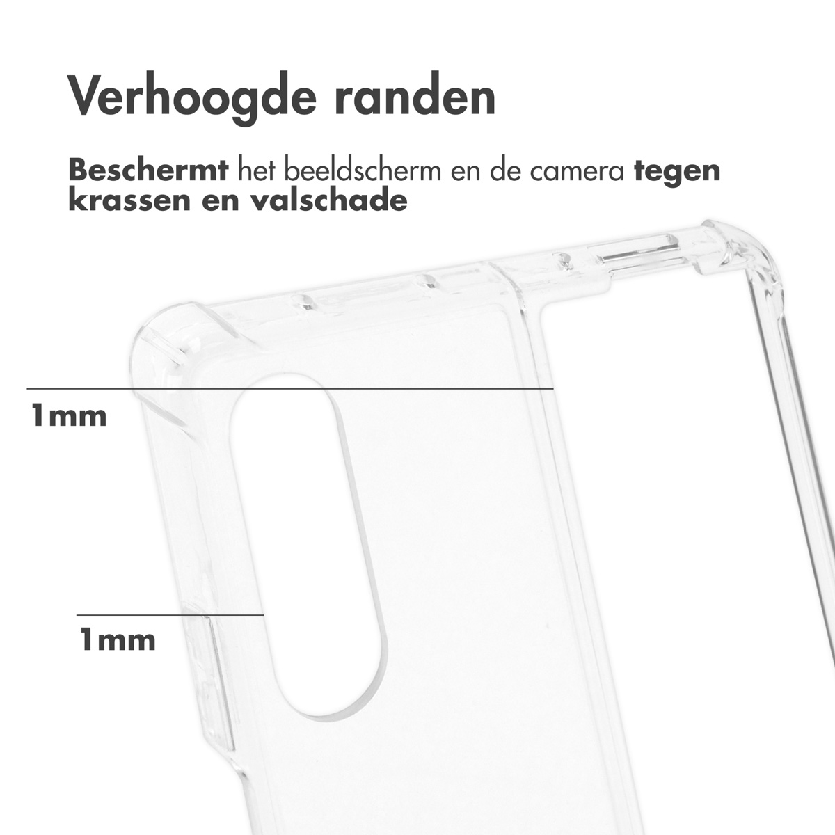 Transparante telefoonhoesrand. Tekst: De verhoogde randen beschermen het scherm en de camera tegen krassen.