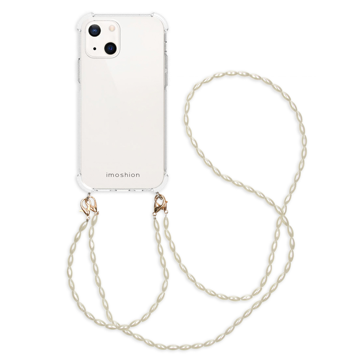 Coque de téléphone transparente avec collier de perles. La coque contient un téléphone. Le collier pend.