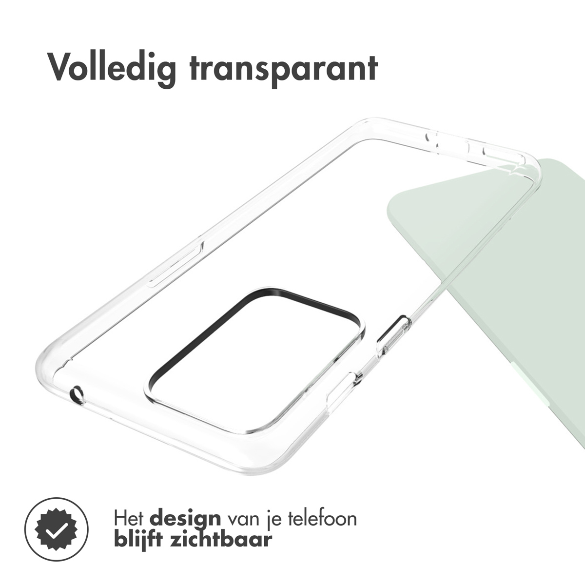 Custodia trasparente sul telefono. Testo: Trasparente, il design rimane visibile. Icona di spunta.