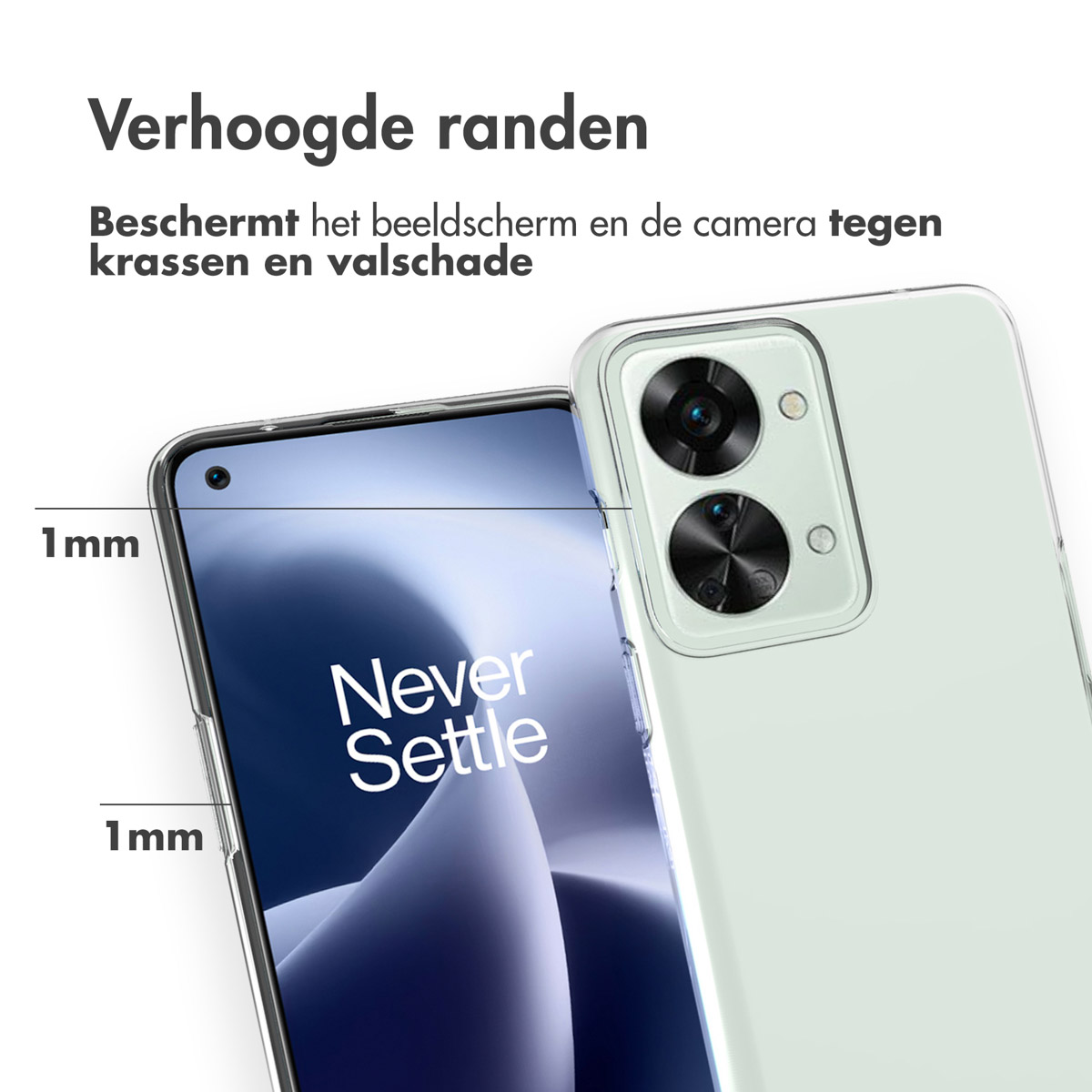 Handyhülle mit Telefon. Die Hülle ist klar, erhöhte Kanten, mit Messungen.