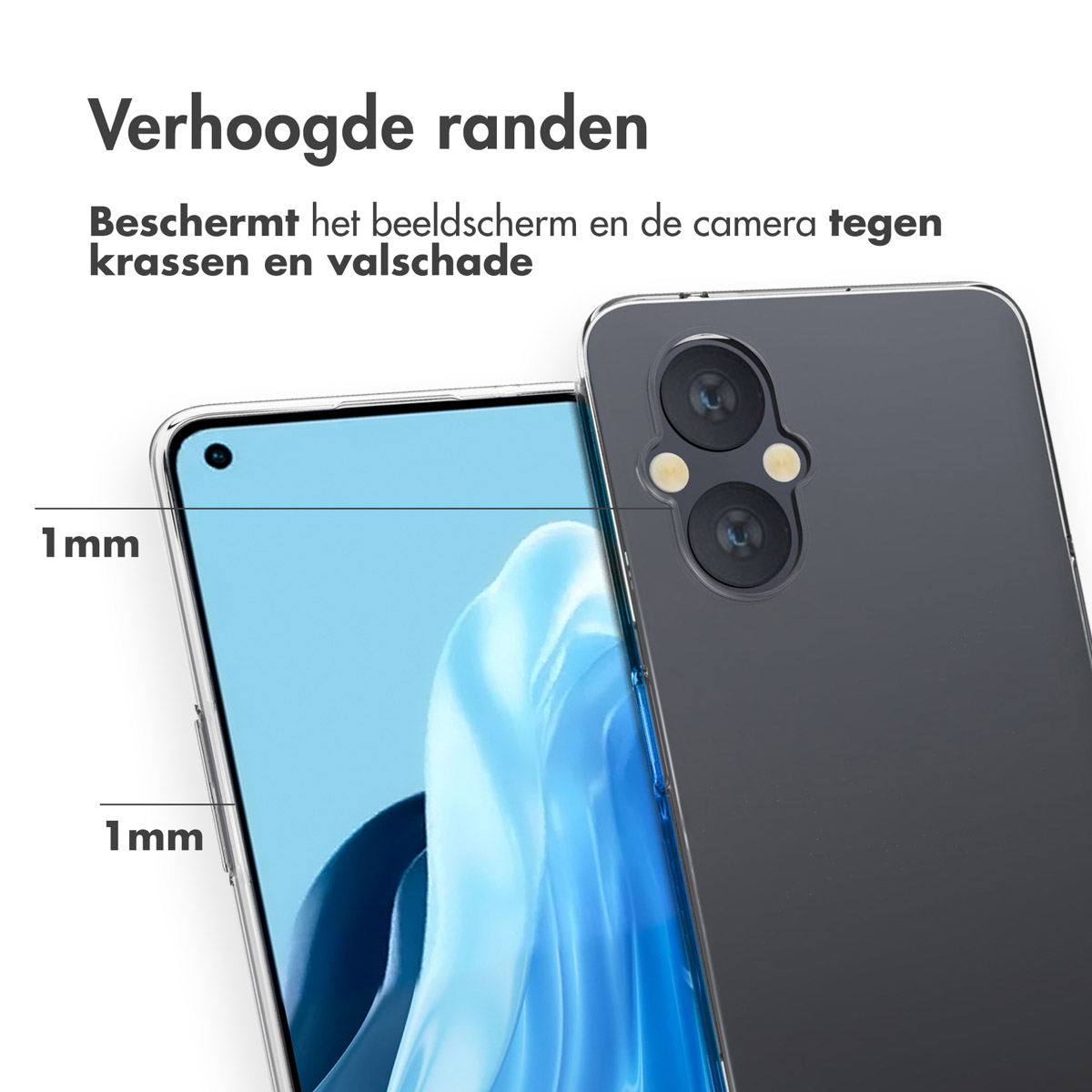 Nahaufnahme des Telefons in klarer Hülle. Text: Erhöhte Kanten schützen Bildschirm und Kamera. 1mm Messung gezeigt.