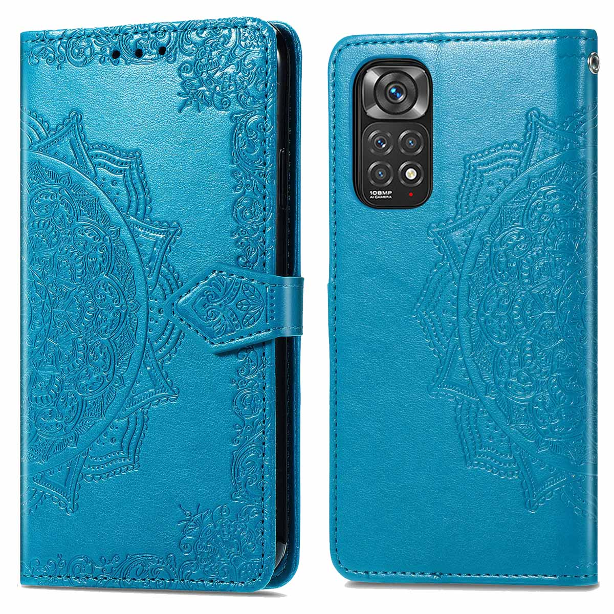 Een blauwe telefoonhoes met telefoon wordt weergegeven. De hoes heeft een bloemenpatroon en een magnetische sluiting.