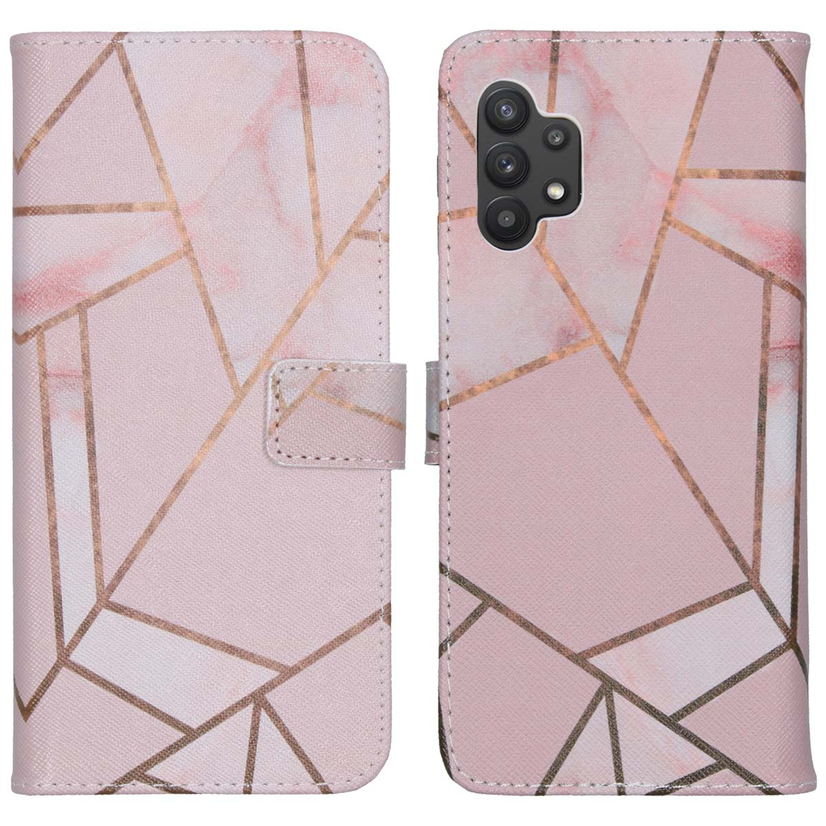Roze telefoonhoes, open, met gouden geometrisch patroon. Achtergrond is wit.