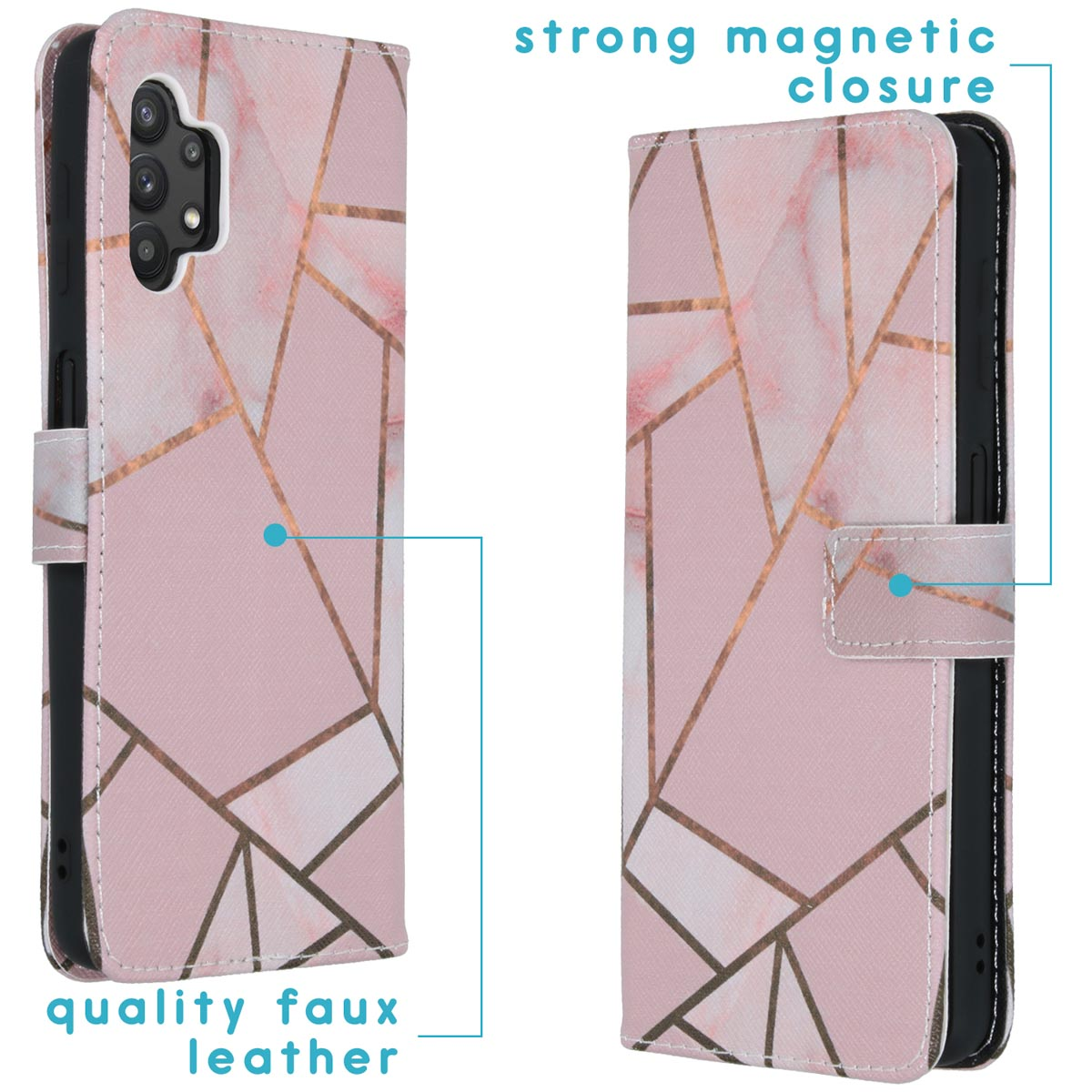 Roze telefoonhoes met gouden lijnen. Tekst: Sterke magnetische sluiting, kwaliteit imitatieleer.