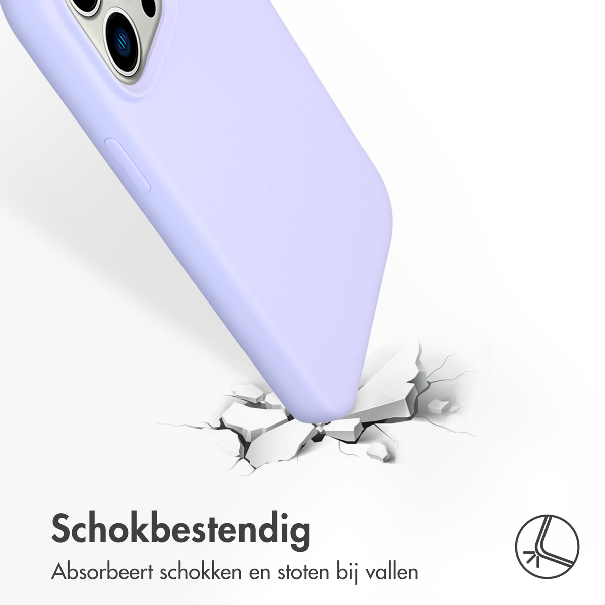 Paarse telefoonhoes die op een gebroken oppervlak valt. Tekst: 'Schokbestendig'. Witte achtergrond.
