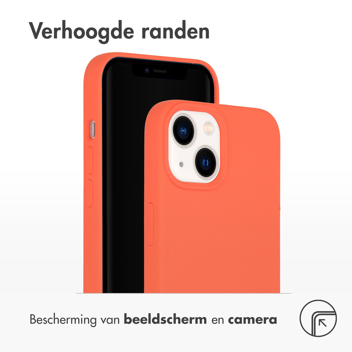 Een oranje telefoonhoes met telefoon wordt weergegeven. Het heeft verhoogde randen voor scherm- en camerabescherming.