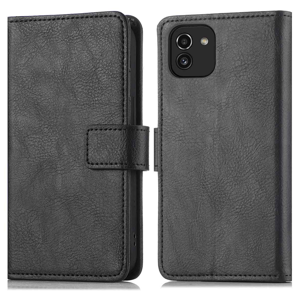 Coque de téléphone noire fermée. La coque du téléphone est en position fermée. La coque est noire.