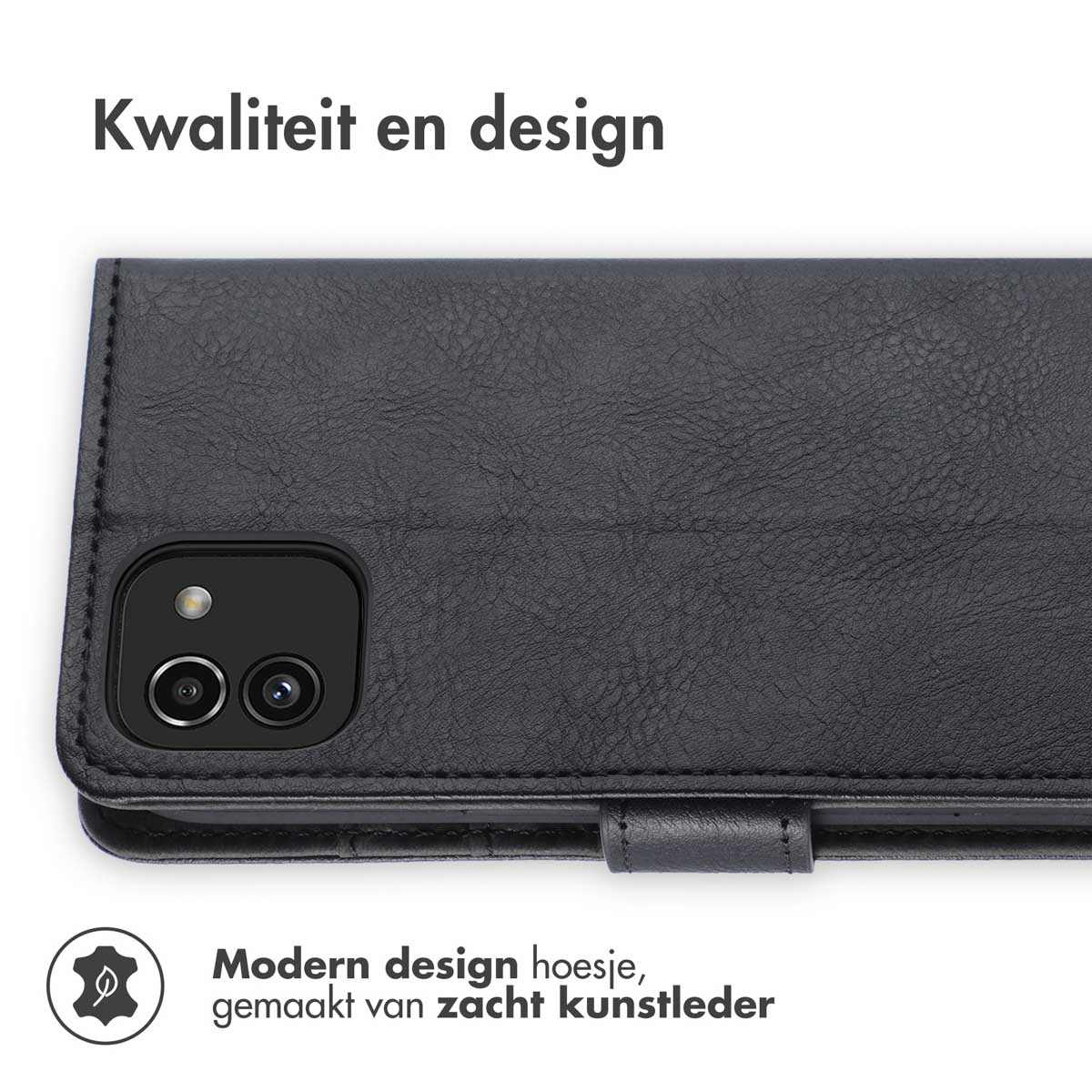 Étui de téléphone en cuir noir, avec caméra et texte en haut. L'étui est fermé.