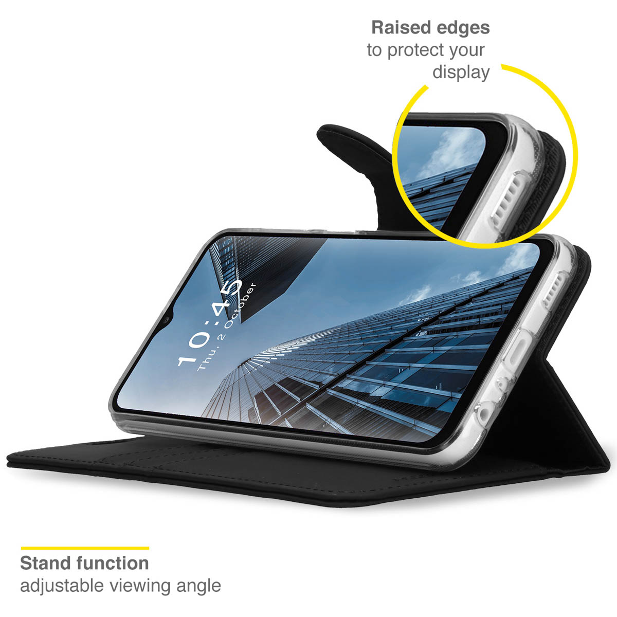 A phone in a clear case with a stand function. The case has raised edges. Black background.