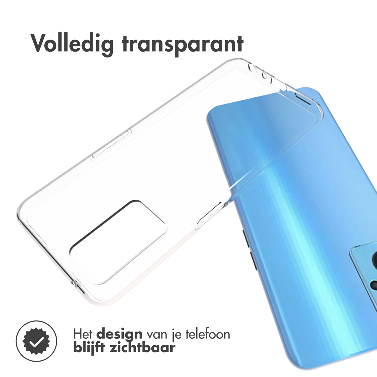 Custodia trasparente con telefono, testo 'Volledig transparant', design visibile. Sfondo bianco.