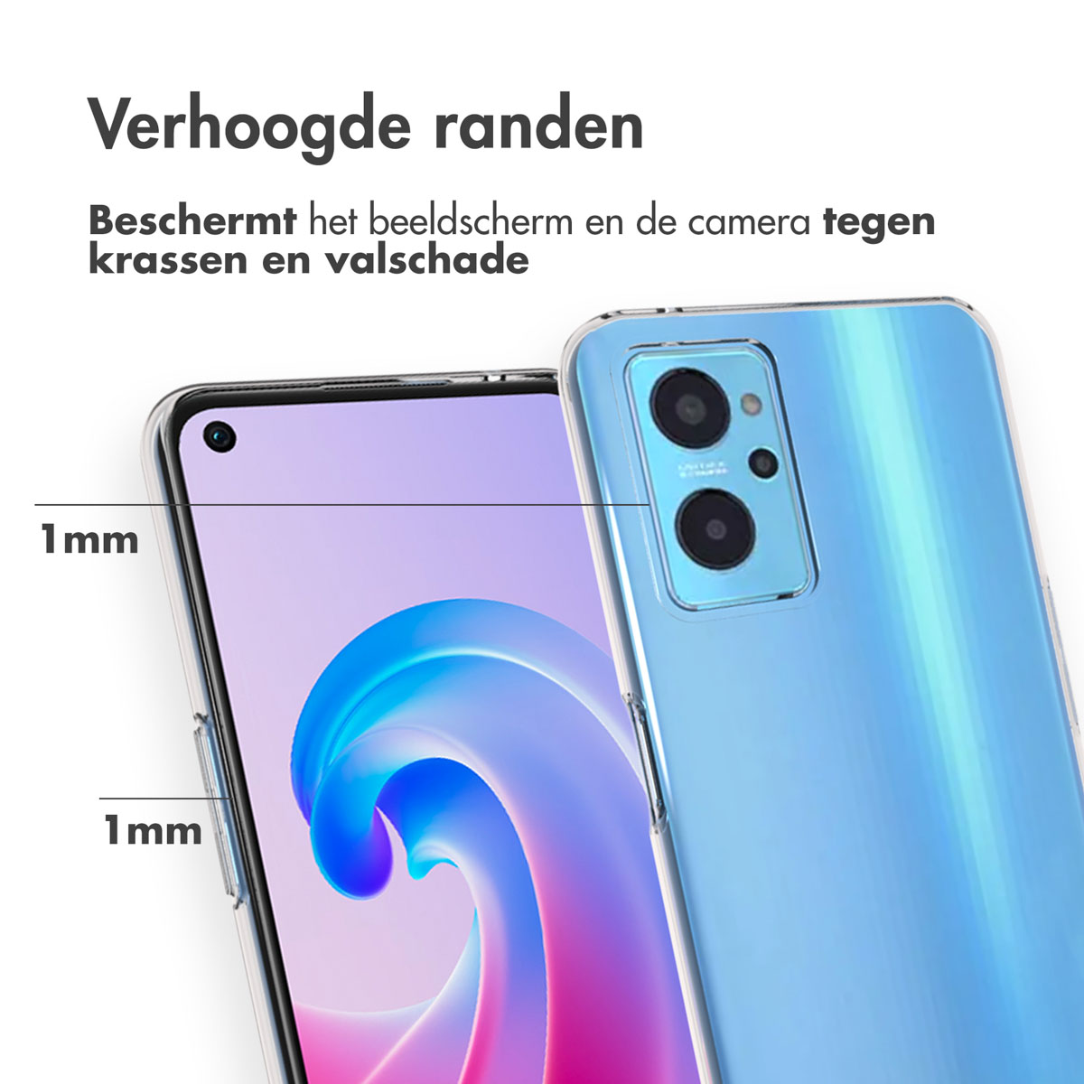 Ein Telefon mit einer transparenten Hülle. Die Hülle hat erhöhte Kanten. Das Telefon ist blau.