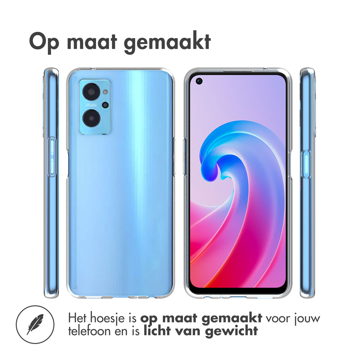 Transparente Handyhülle, die das Telefon aus mehreren Blickwinkeln zeigt.