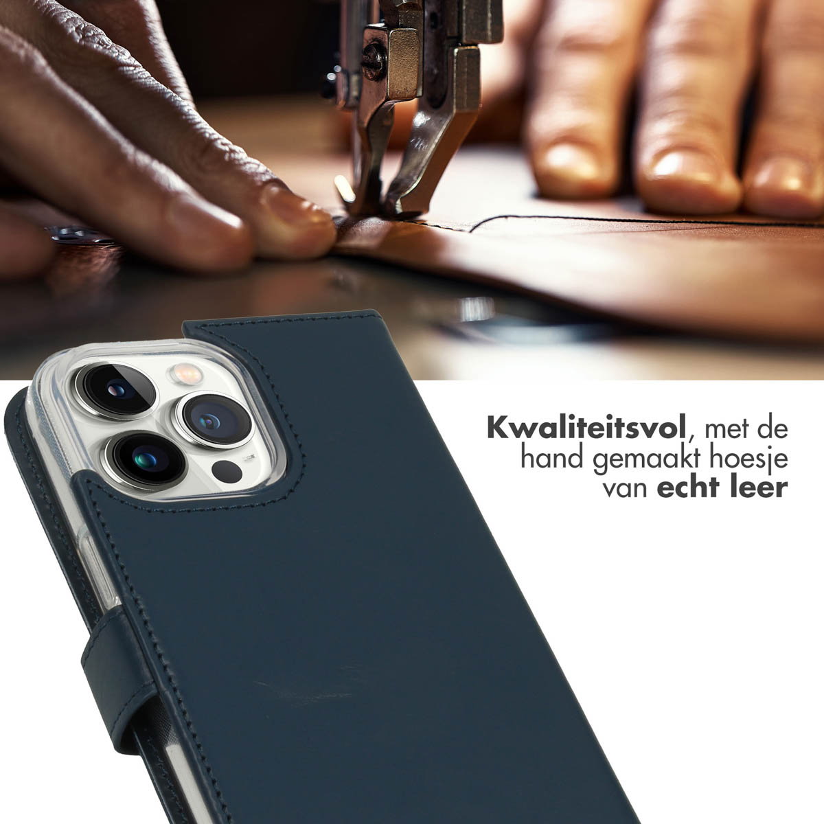 Una mano cuce la pelle. Una custodia blu per telefono con un telefono è in primo piano.
