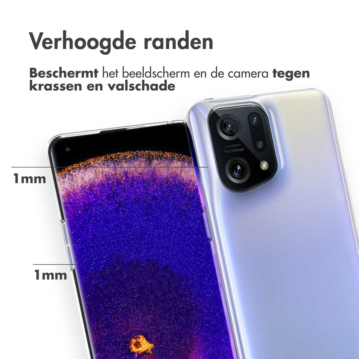 Ein Telefon mit einer transparenten Hülle. Die Hülle hat erhöhte Kanten. Das Telefon ist lila.