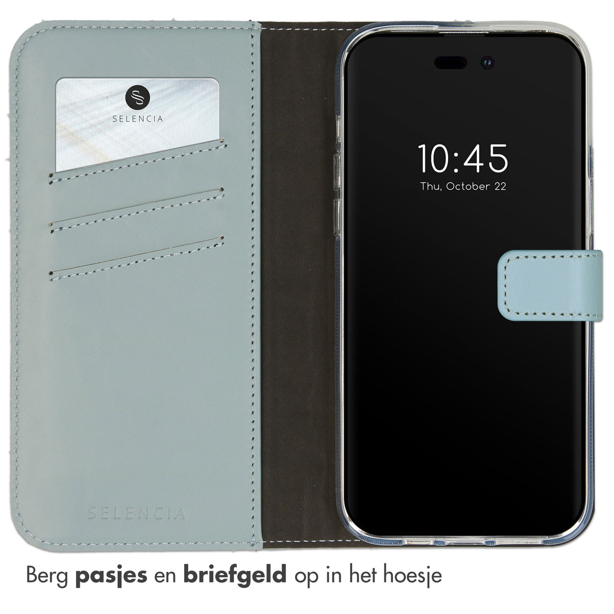 Blauwe telefoonhoes met telefoon. Tekst: Bewaar kaarten en contant geld in de hoes. Kaart en telefoon binnenin.