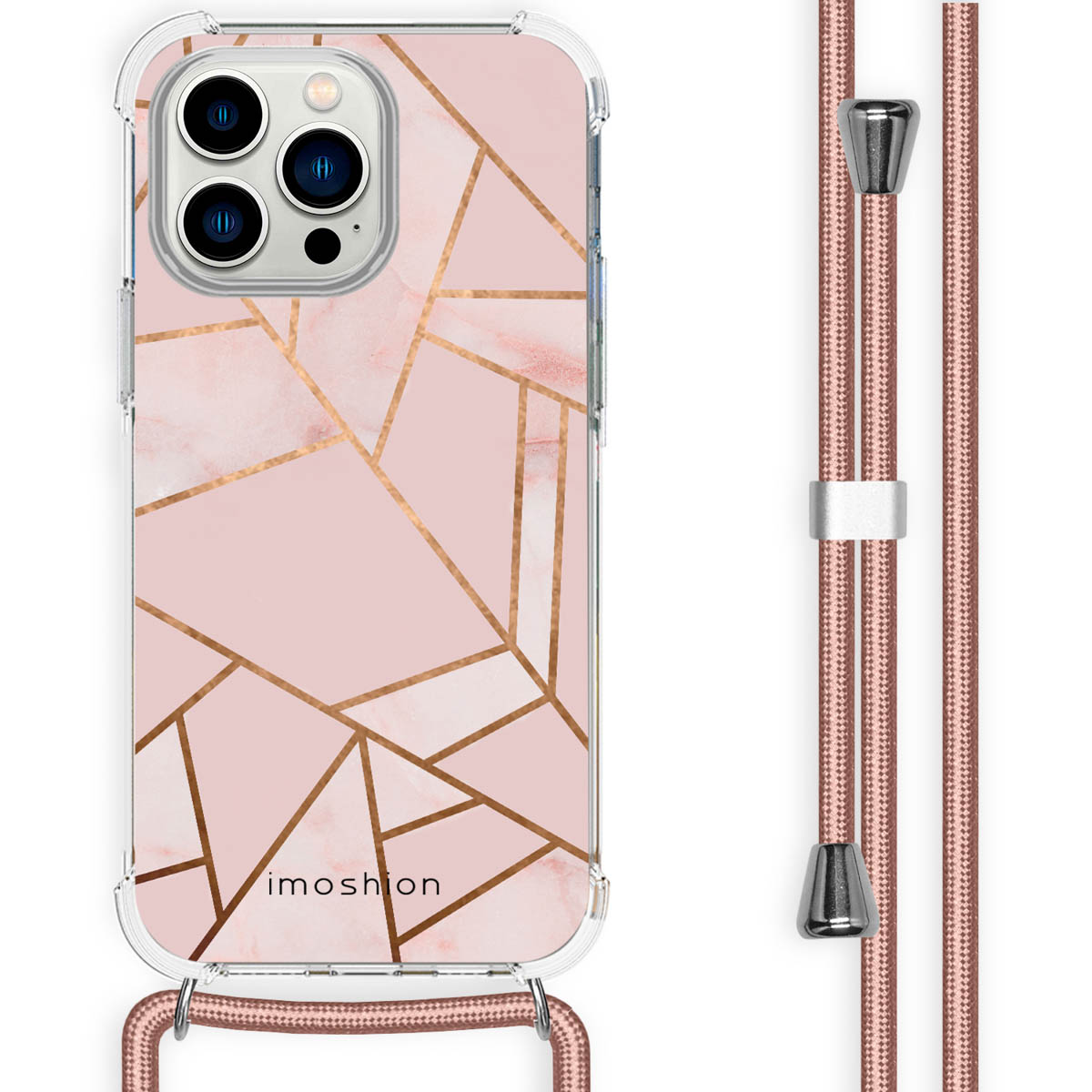 Roze telefoonhoesje met gouden geometrisch patroon en roze bandje. De telefoon heeft een camera-uitstulping.