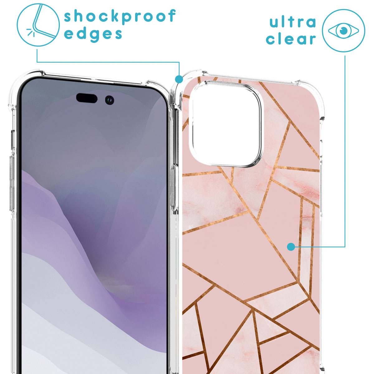 Een telefoon met een doorzichtige hoes. De hoes heeft schokbestendige randen en is ultra helder.