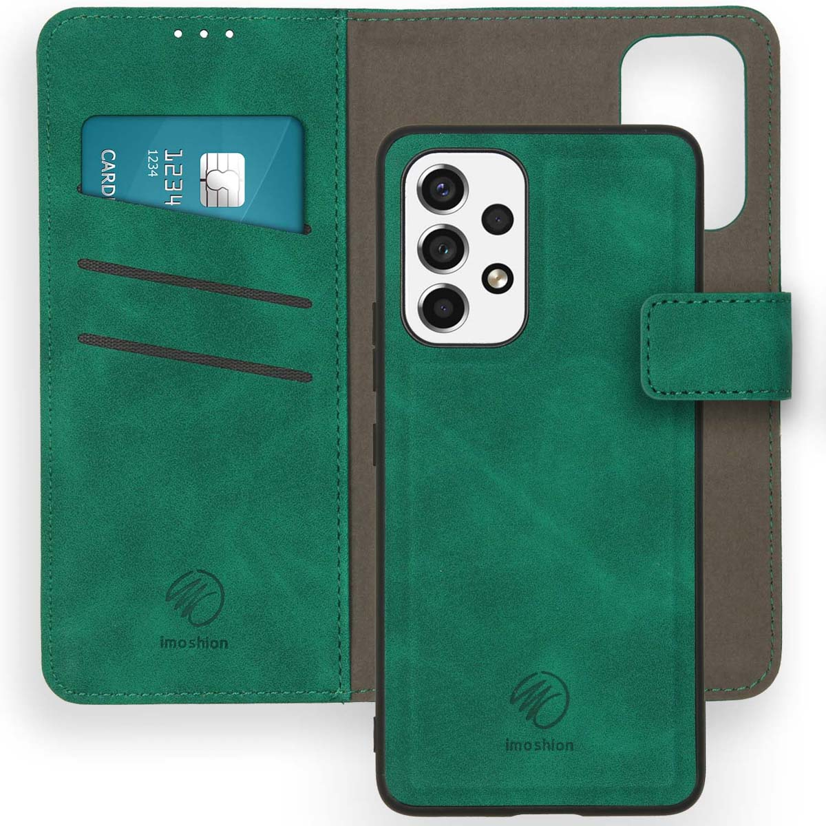 Een groene telefoonhoes met een telefoon erin. De telefoonhoes heeft een kaartsleuf en een magnetische sluiting.