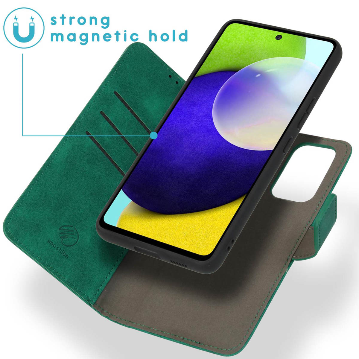 Een telefoon in een groene hoes. De hoes heeft een sterke magnetische grip. De telefoon is open.