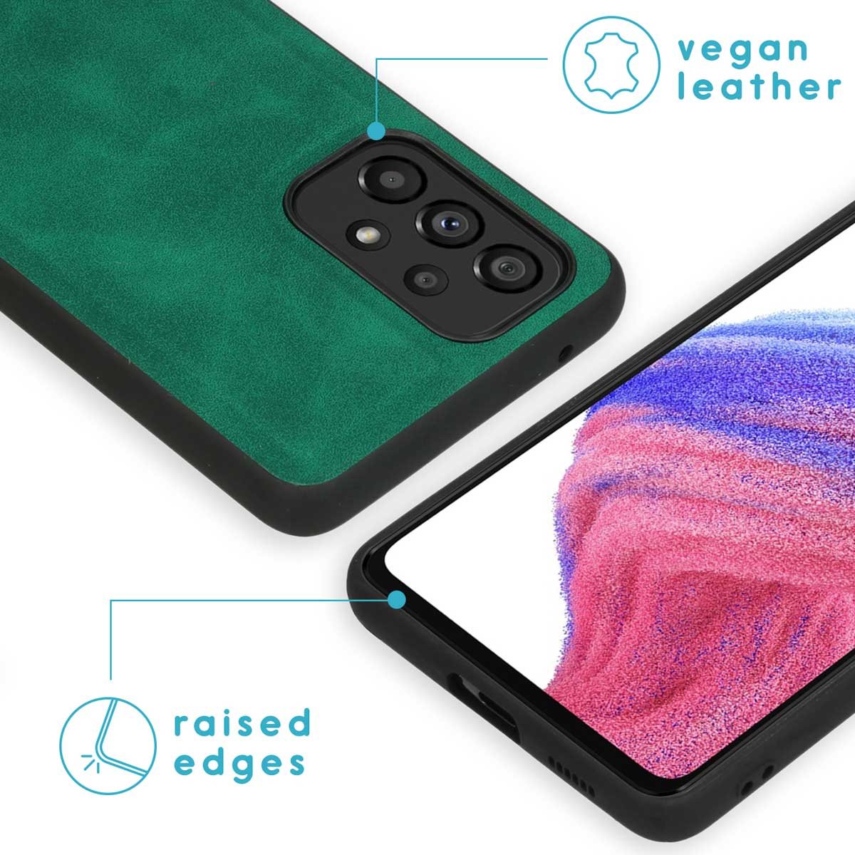 Groene vegan leren telefoonhoesje. De telefoon heeft een camera-uitstulping en verhoogde randen.