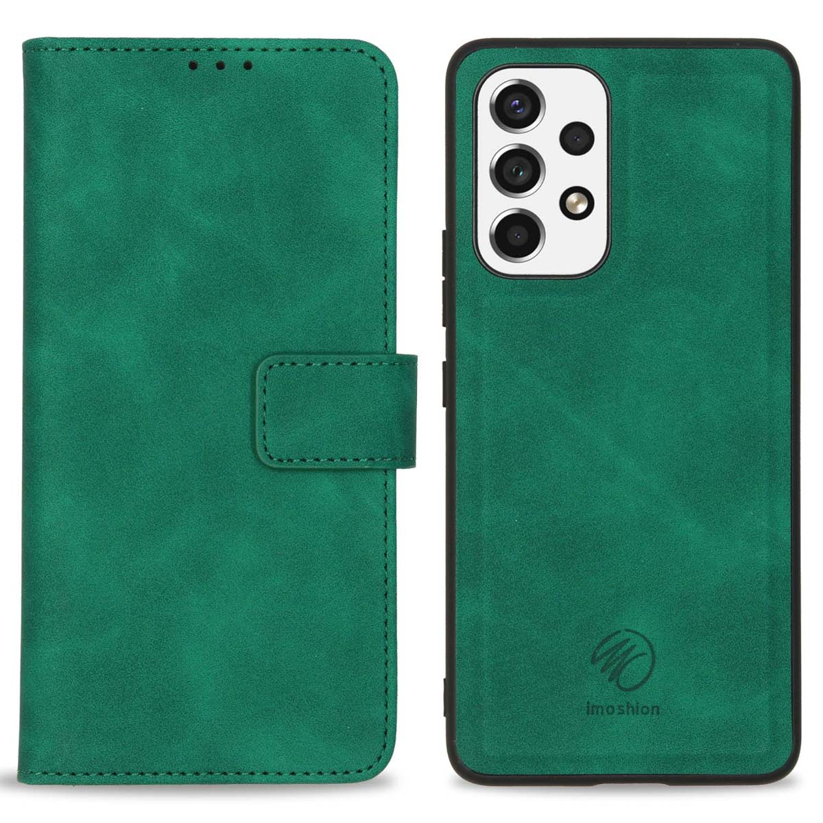 Groene leren telefoonhoes, links open en rechts gesloten.