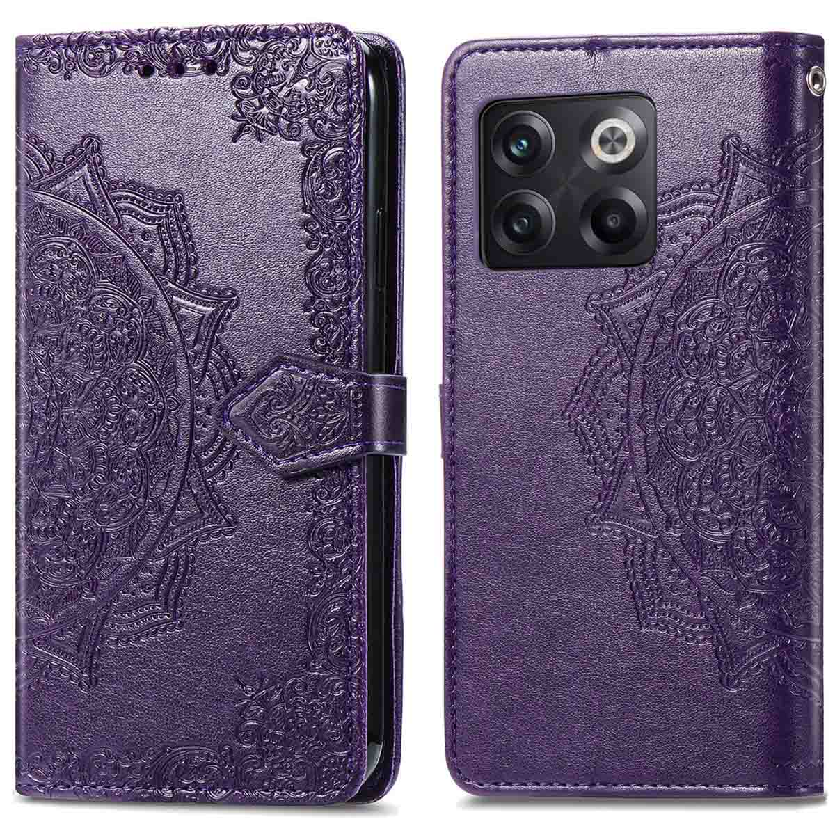 Coque de téléphone violette à motifs floraux. La coque est fermée. Le téléphone a une caméra.