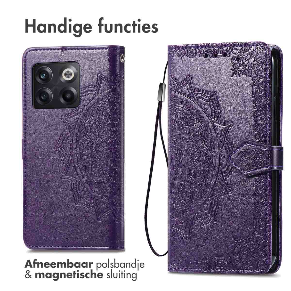 Coque de téléphone violette avec un motif mandala et une dragonne amovible. La coque est ouverte.