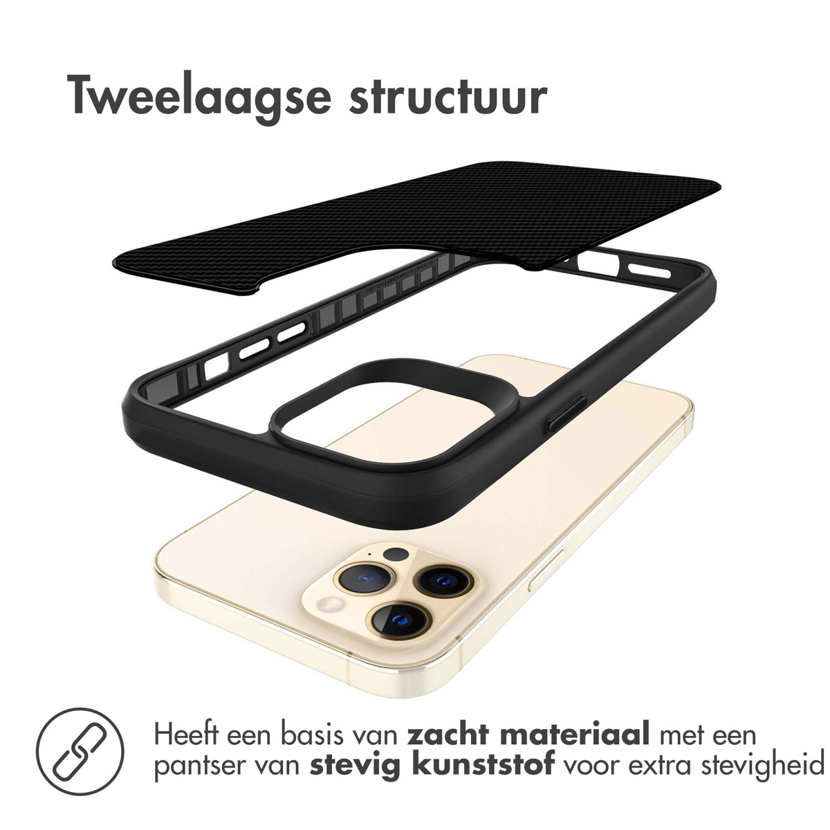 Een gedemonteerde telefoonhoes met een basis van zacht materiaal en een harde plastic schaal.