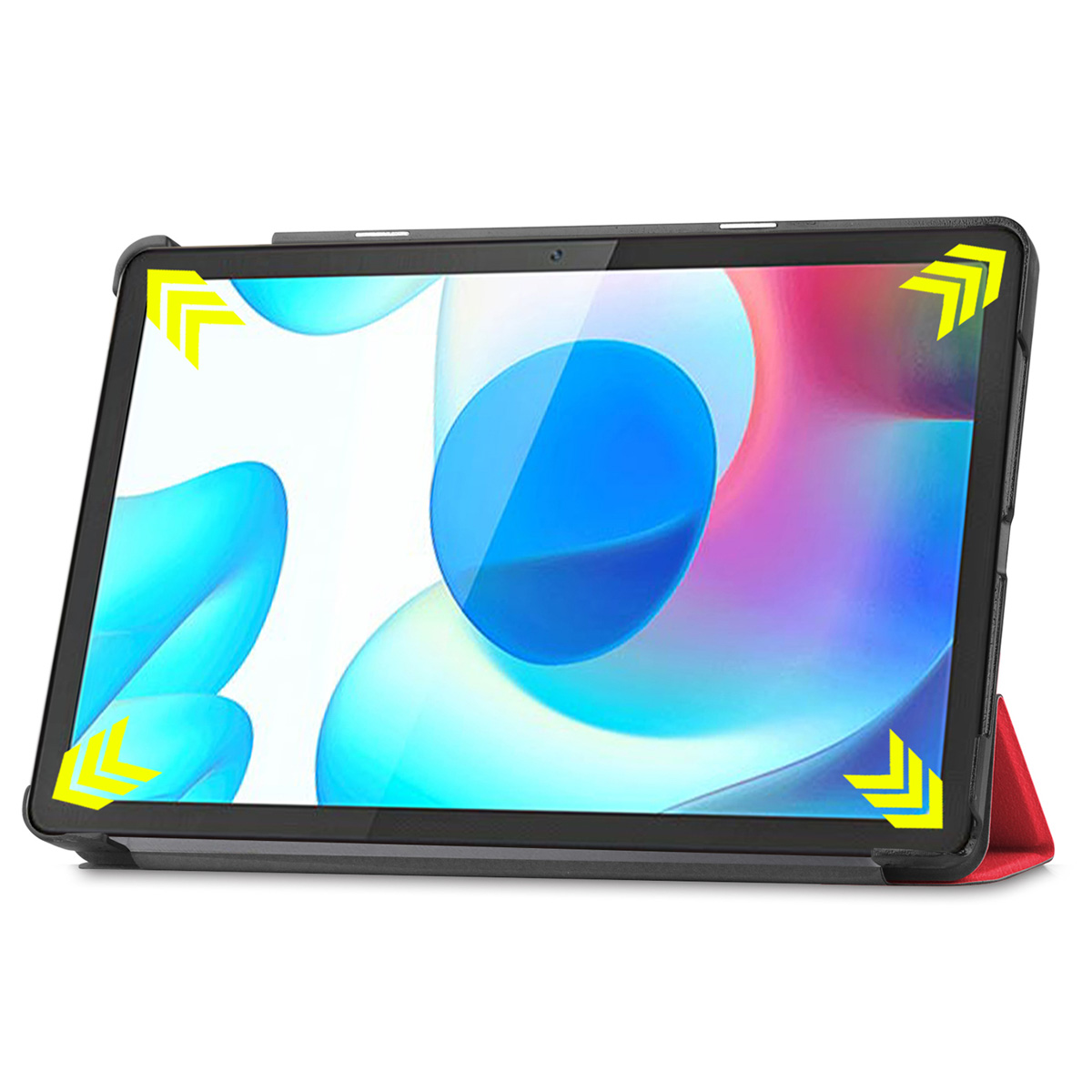Tablet in a case, screen is on, showing a colorful wallpaper. Yellow arrow marks on the corners.