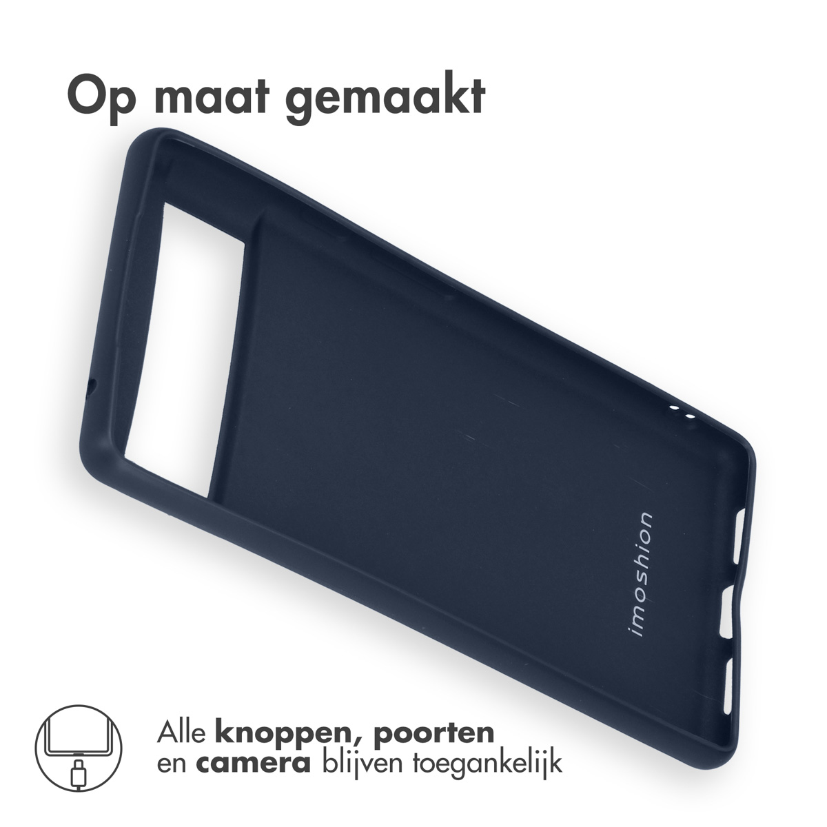 Donkerblauwe telefoonhoes. De camera en poorten zijn toegankelijk. De telefoon is niet zichtbaar.