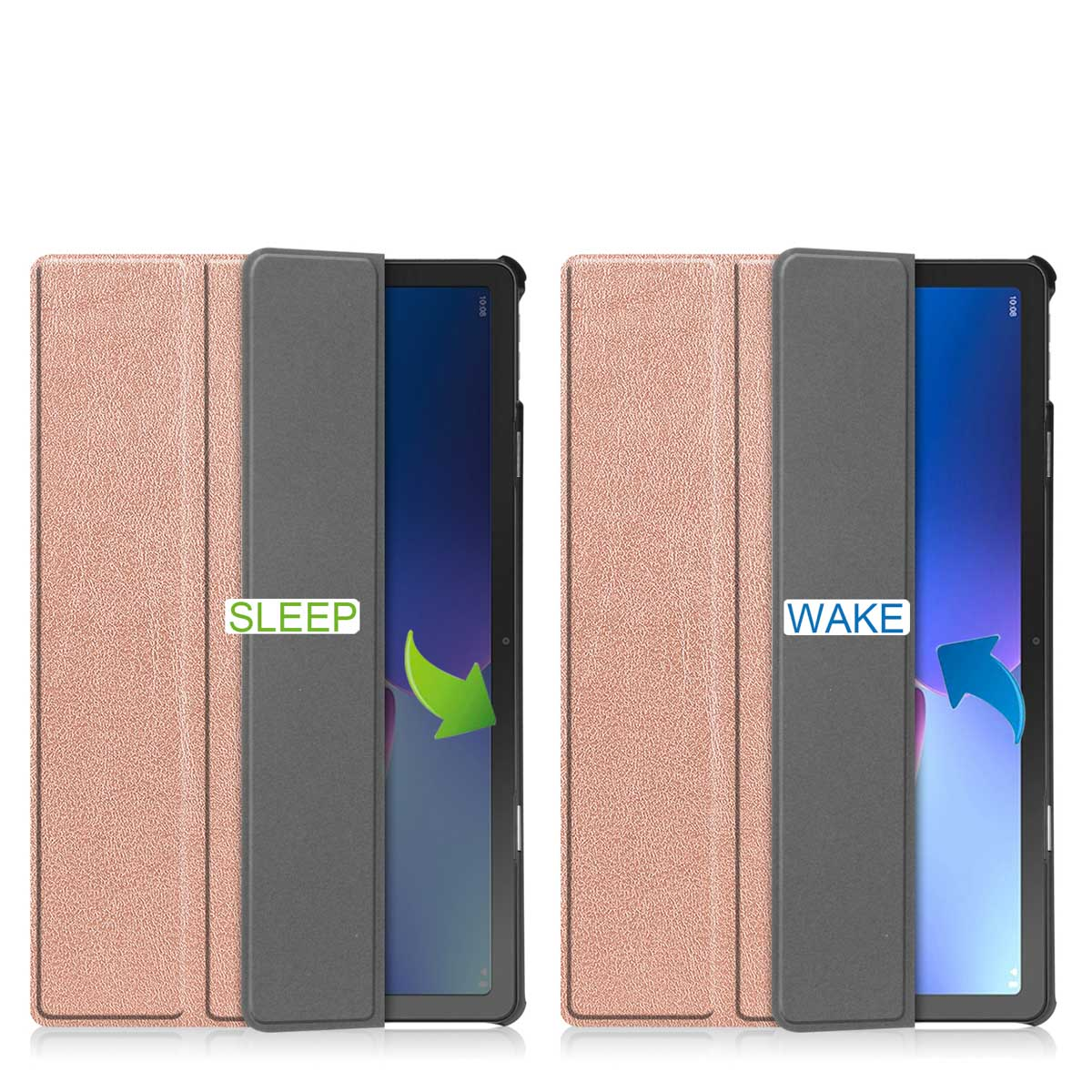 Two tablets with covers open. One says 'SLEEP', the other 'WAKE'. Arrows pointing to tablet screens.