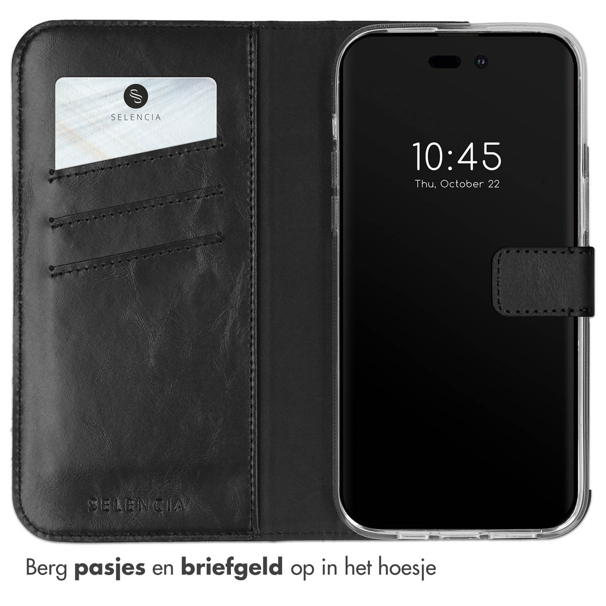 Zwarte telefoonhoes met portemonnee, kaart erin en telefoon met tijd en datum.