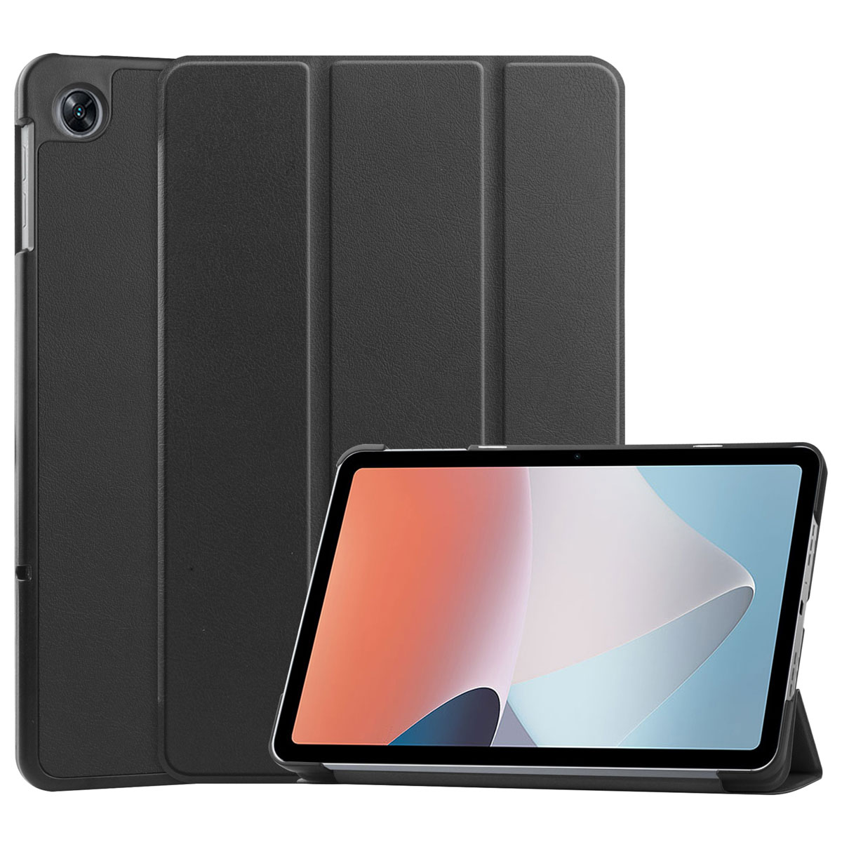 Zwarte tablet en hoes, met een schermweergave. De hoes is gesloten en opgeklapt.