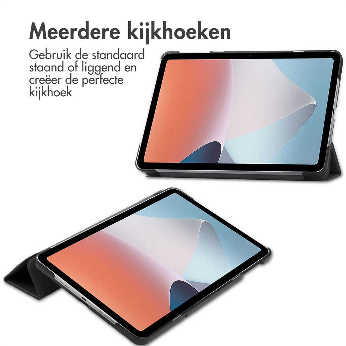 Twee tablets in hoesjes. Eén staat, de andere ligt. Tablets in hoesjes, zwarte hoezen.