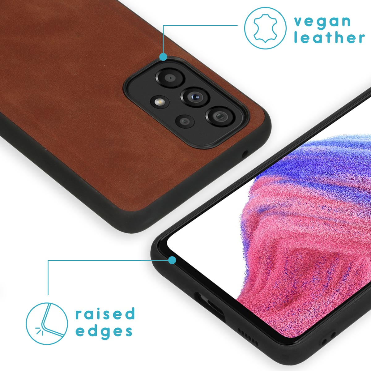 Bruine vegan leren telefoonhoes, met opstaande randen. Toont details van telefoon en hoes.