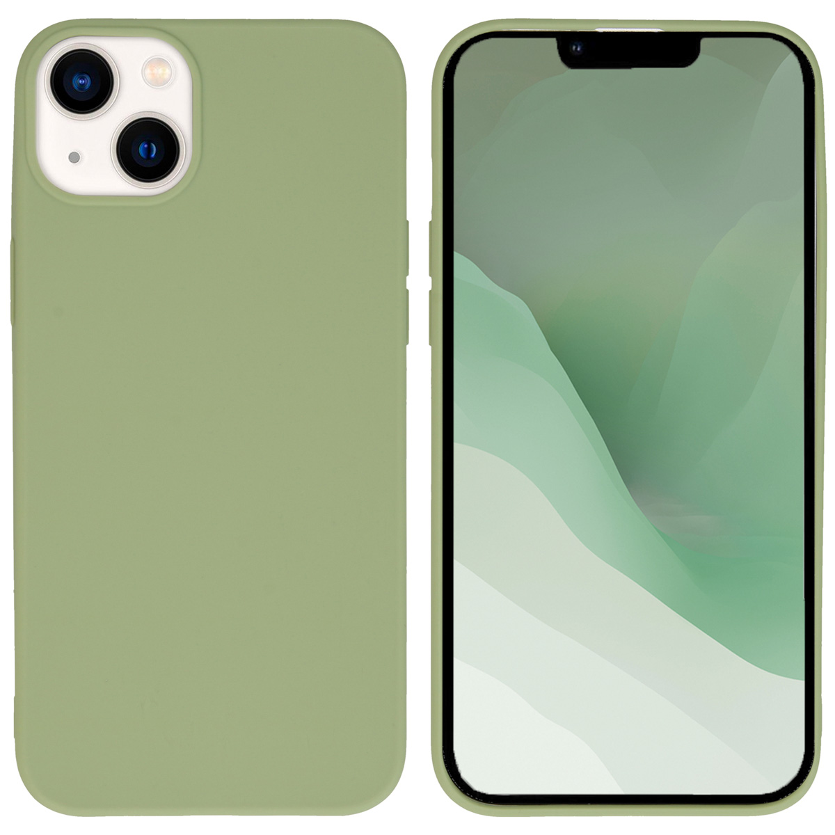 Groene telefoonhoes en telefoon. De telefoon zit in de hoes. De hoes is effen groen.