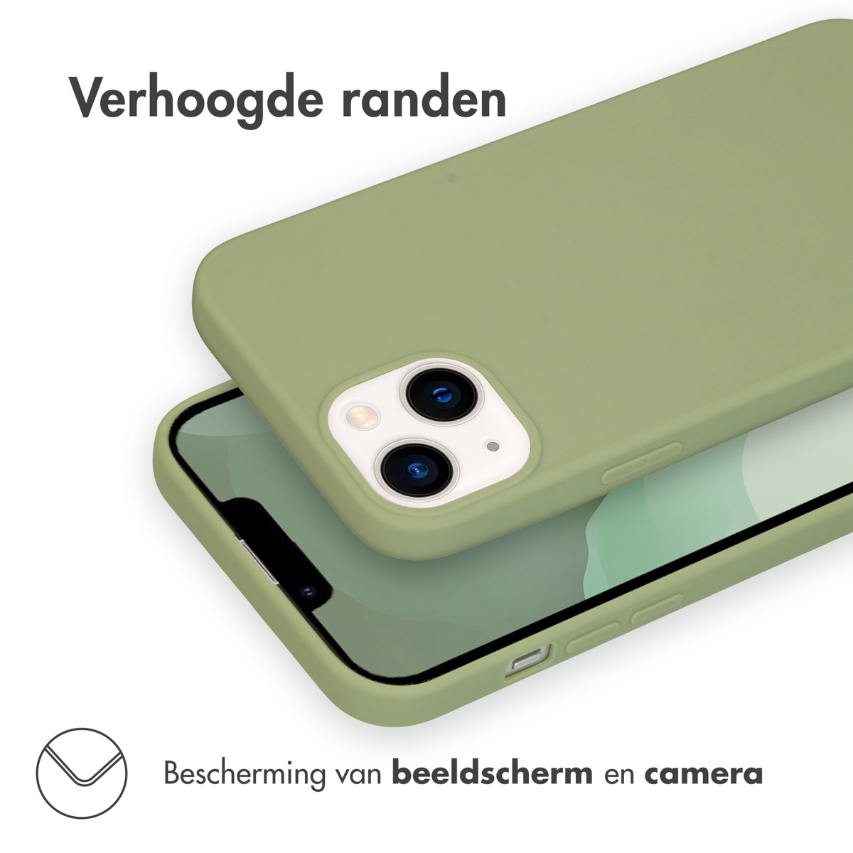 Groene telefoonhoes die de telefoon beschermt. De camera en het scherm zijn zichtbaar en beschermd.
