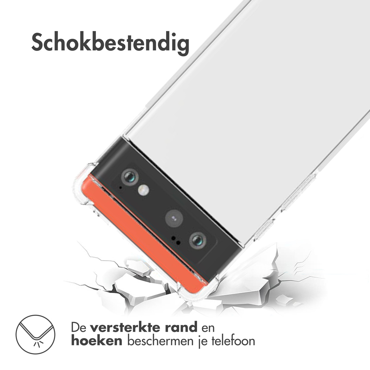 Telefoon in een transparante hoes. De telefoon heeft een rode en oranje camerabalk. De hoes heeft een gebarsten effect.