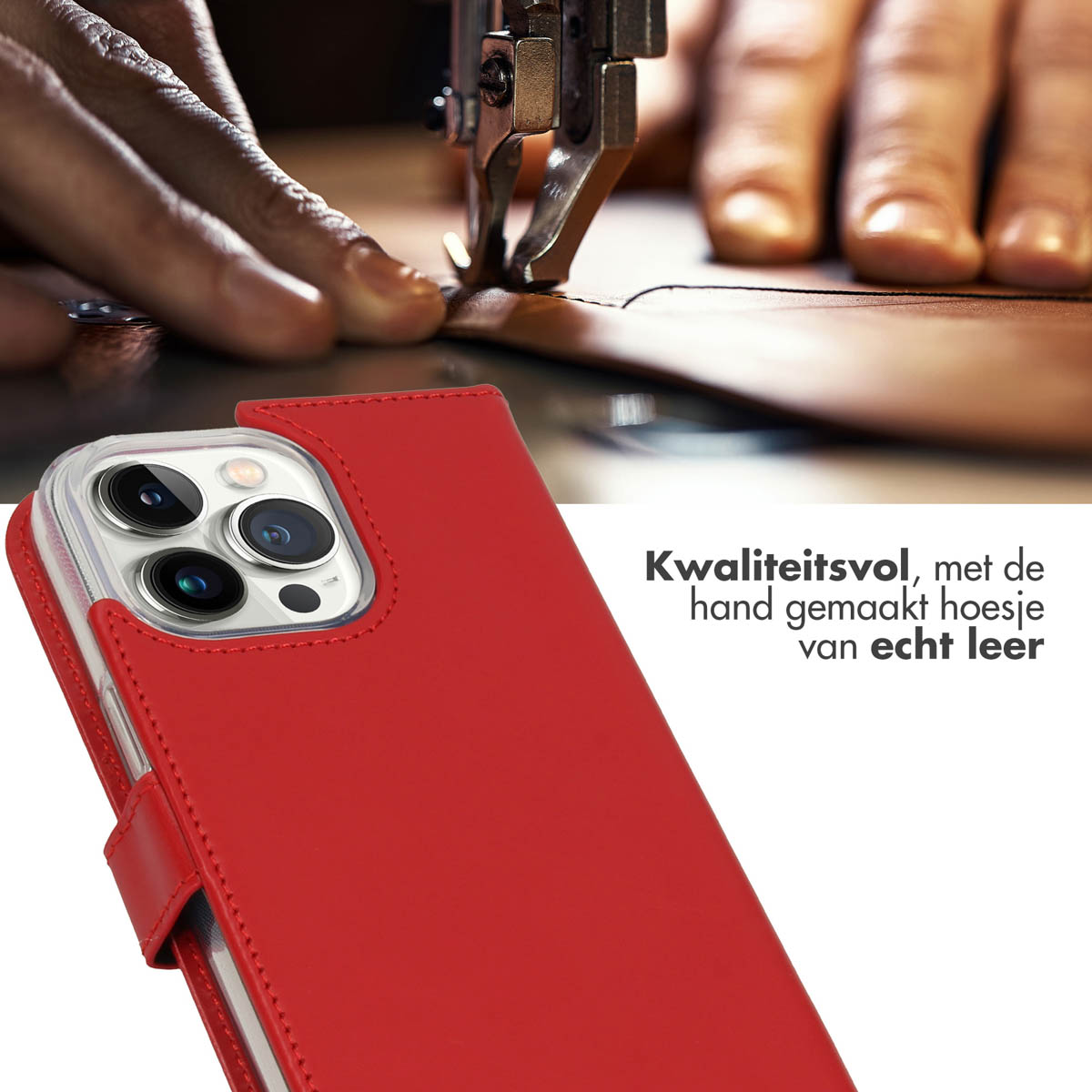 Rote Leder-Handyhülle mit Telefon. Im Hintergrund eine Nähmaschine.