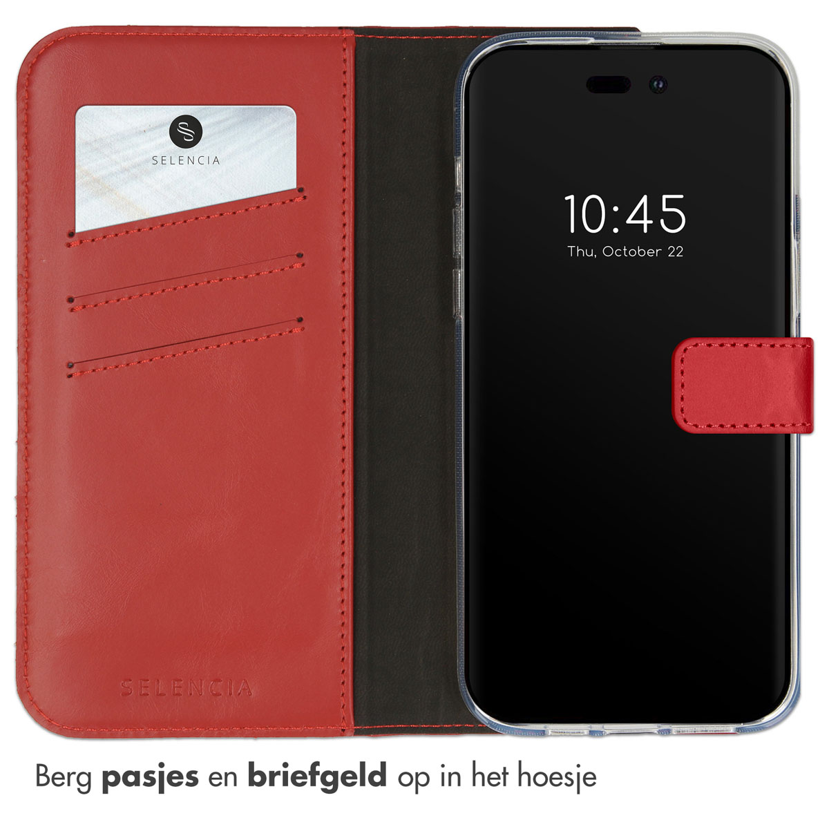 Rote Leder-Handyhülle offen, zeigt ein Telefon mit der Uhrzeit und Kartenfächern.