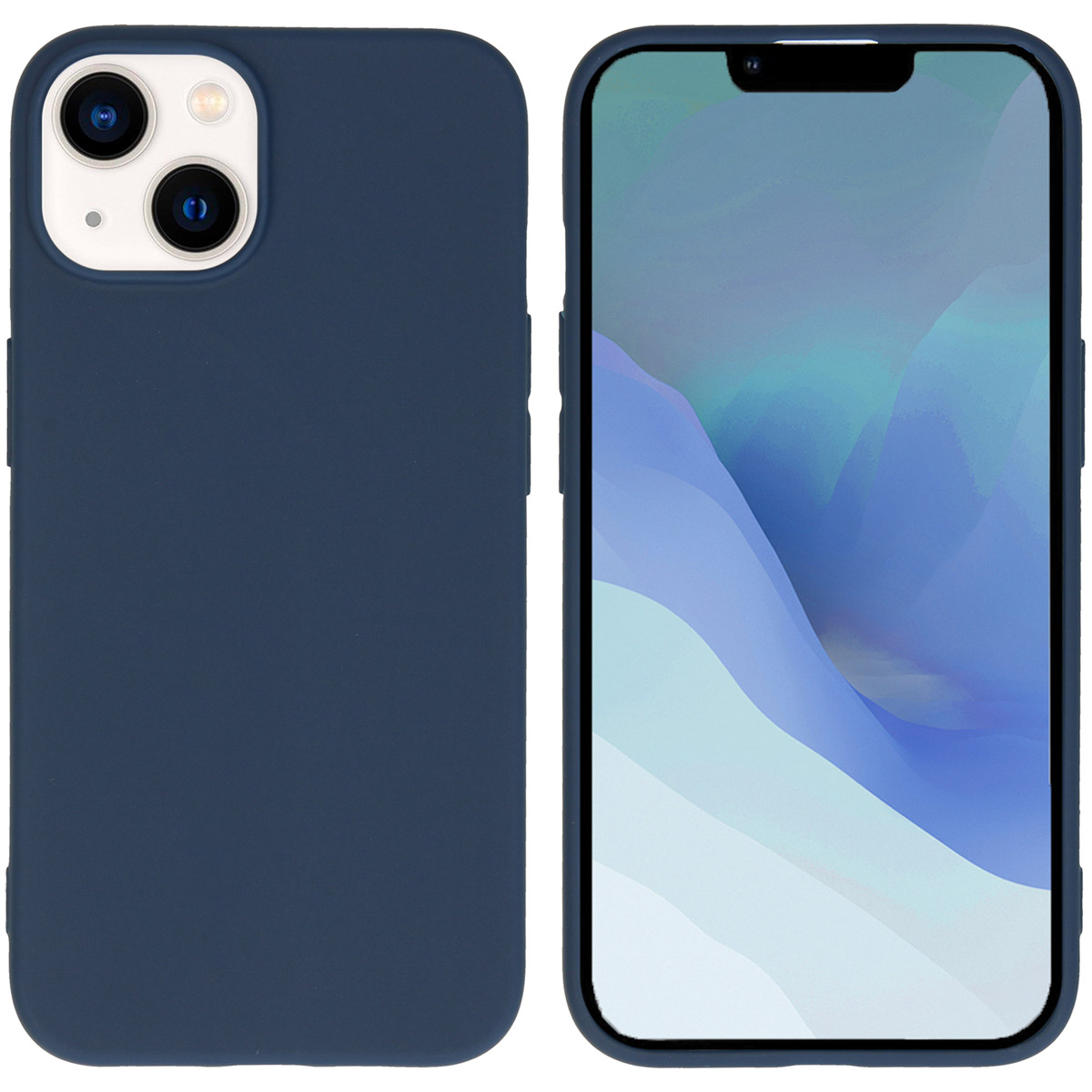 Blauwe telefoonhoes op een blauwe telefoon. Telefoon heeft een camerabult.