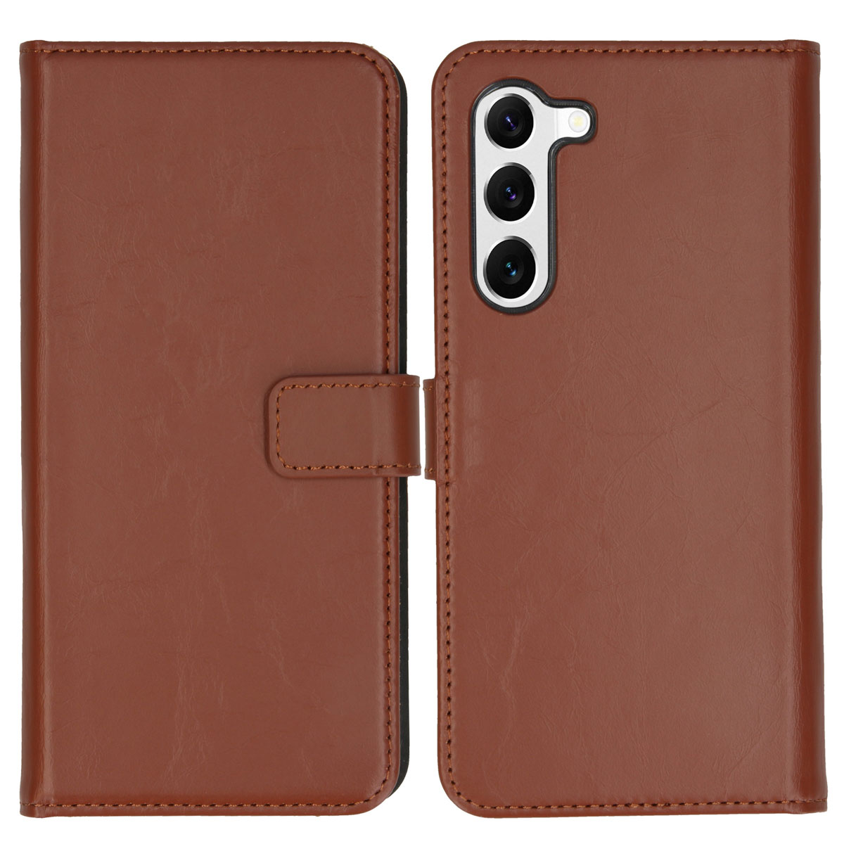 Een bruin leren telefoonhoesje, voor- en achteraanzicht, gesloten en open.