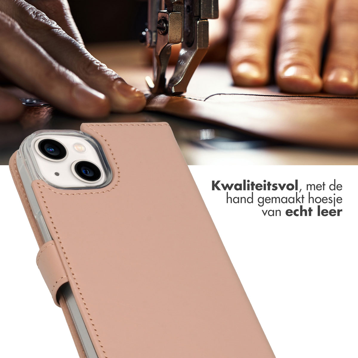 Mani che usano una macchina da cucire per fare una custodia per telefono in pelle rosa. Testo: 'Kwaliteitsvol, handgemaakt'.