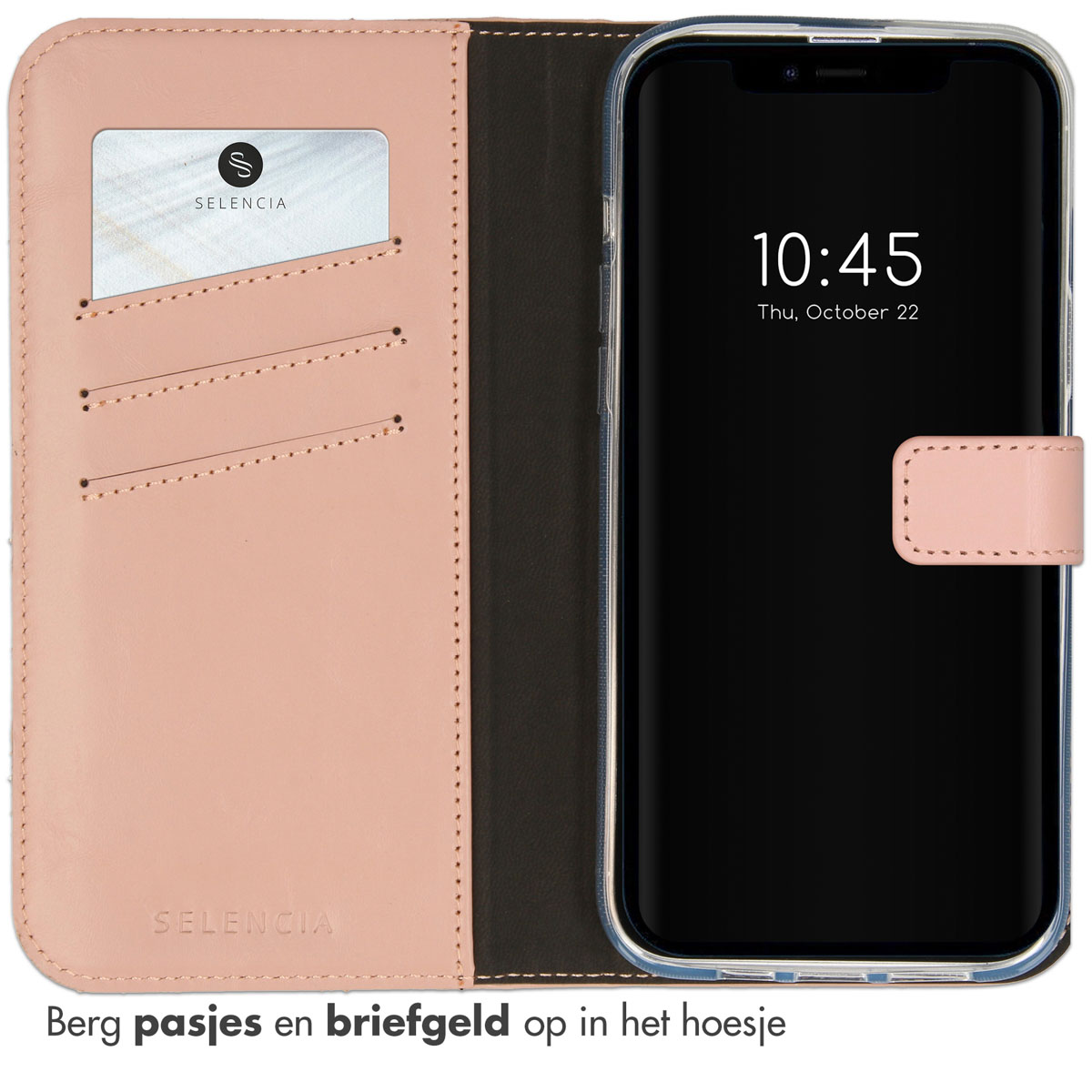 Roze leren telefoonhoes open, toont een telefoon met de tijd en kaartsleuven.
