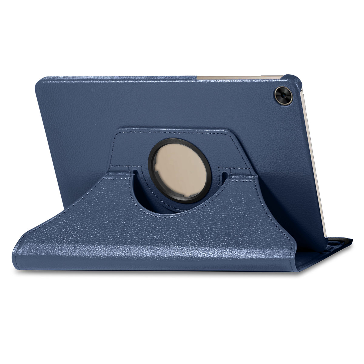 Blue tablet case with a stand. The tablet is held in a secure, angled position.