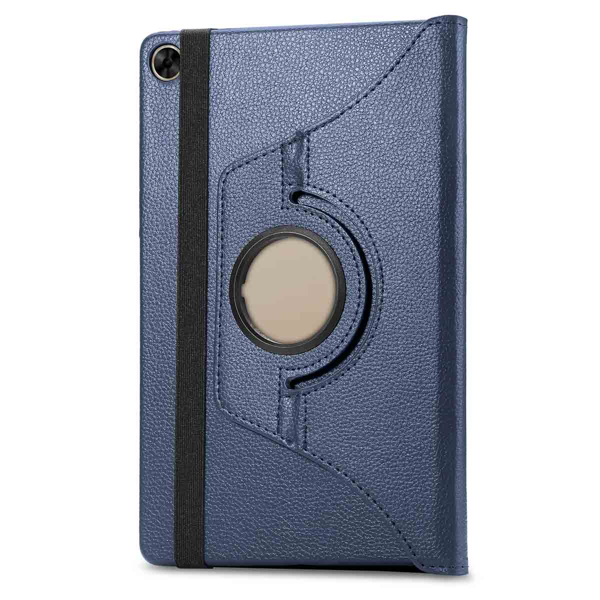 A blue tablet case with a rotating ring. The case has an elastic band. The case is made of leather.