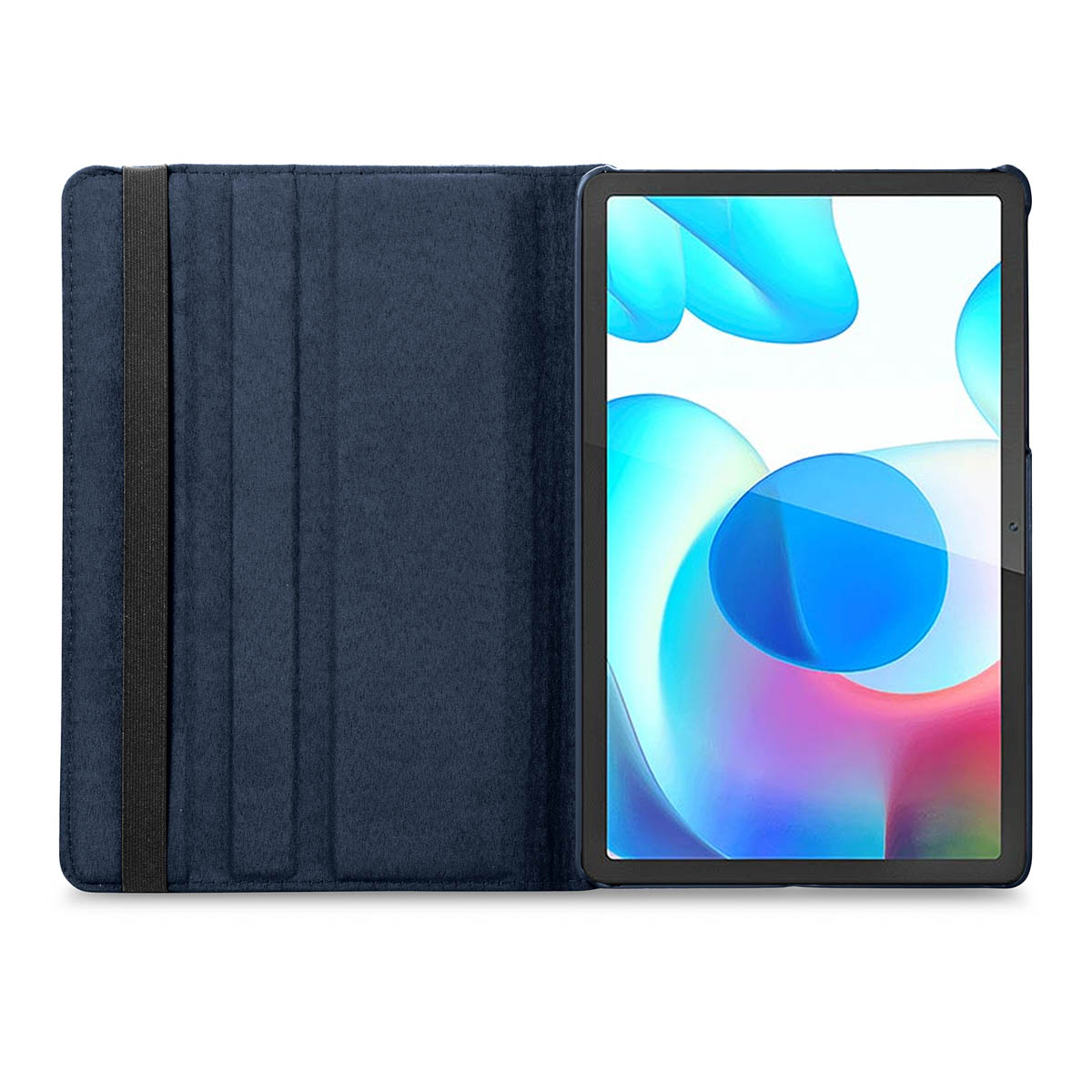 Tablet in a blue case. The case is open, revealing the screen. Black strap holds the tablet in place.